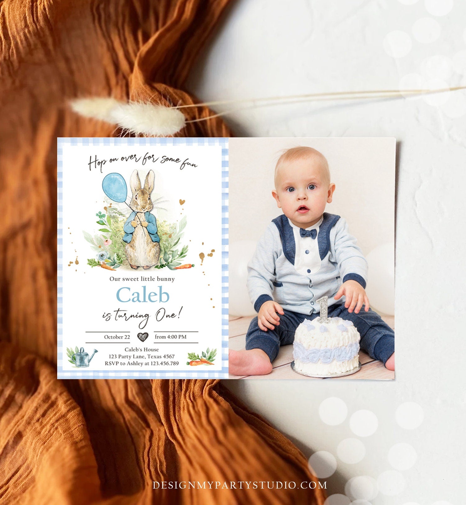 Editable Peter Rabbit Birthday Invitation Boy Blue Rustic Peter Rabbit First Birthday Hop On Over Watercolor Corjl Template Printable 0351