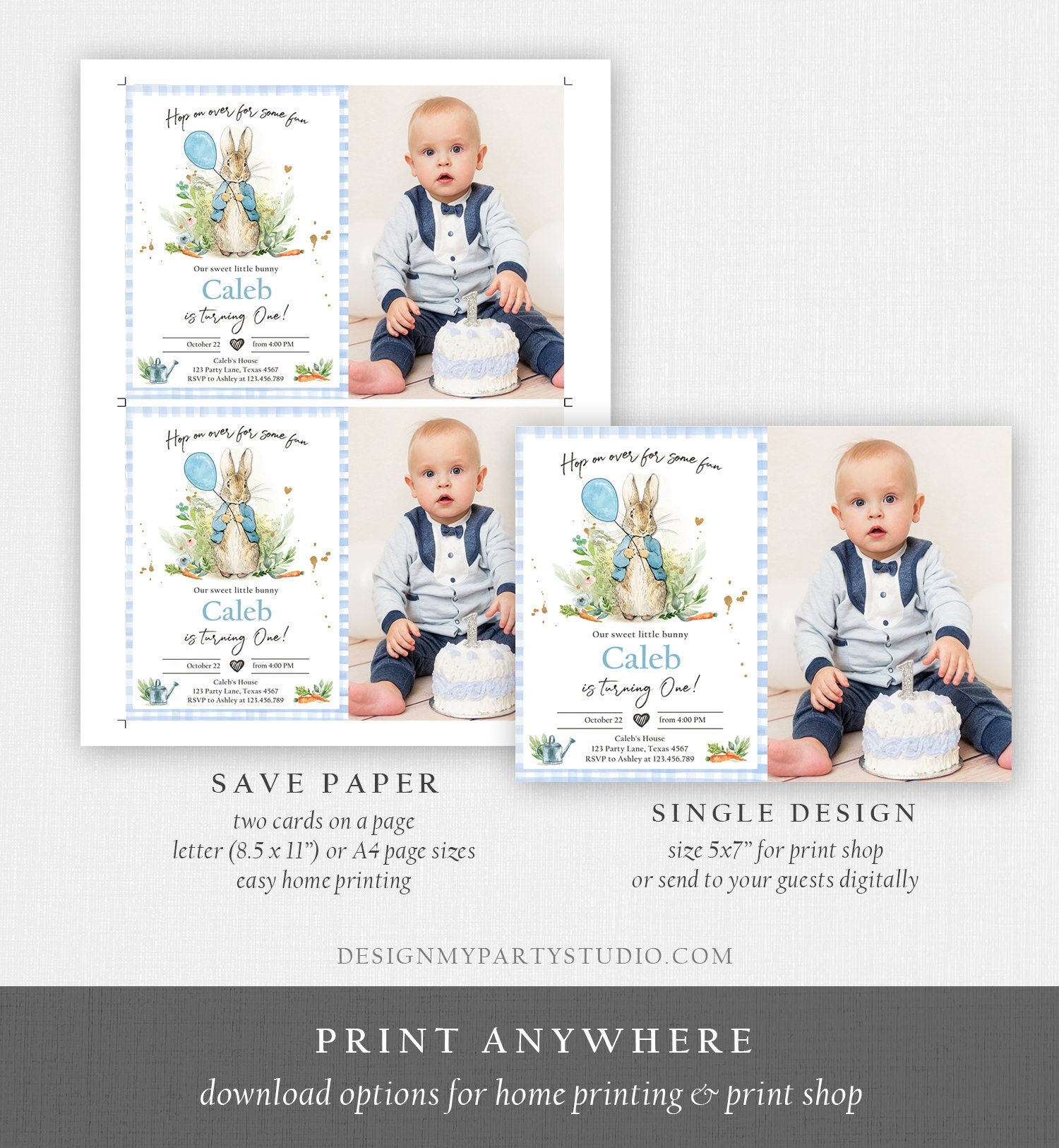 Editable Peter Rabbit Birthday Invitation Boy Blue Rustic Peter Rabbit First Birthday Hop On Over Watercolor Corjl Template Printable 0351