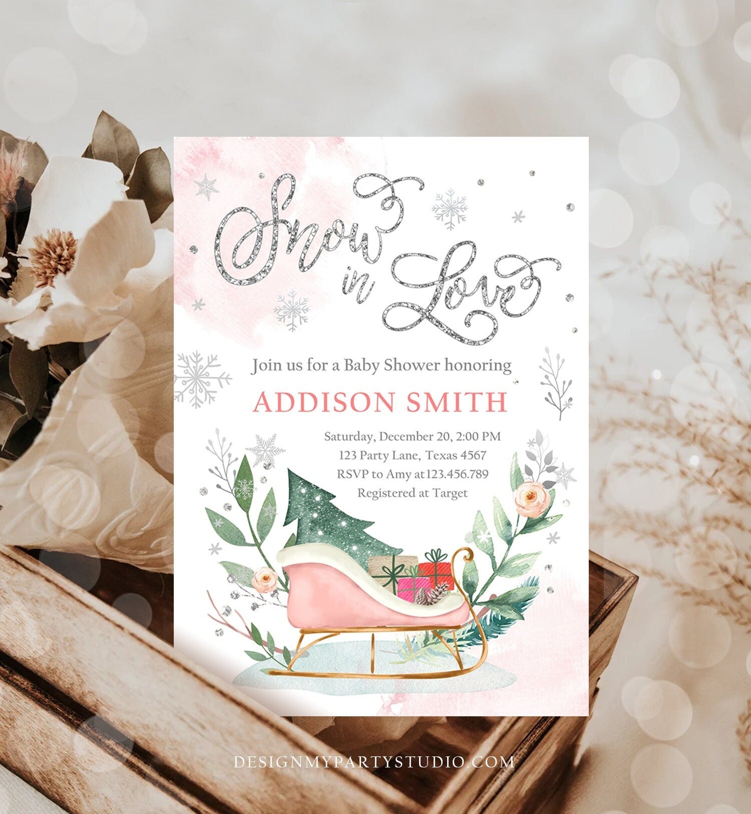 Editable Snow in Love Winter Baby Shower Invitation Baby It's Cold Outside Gender Neutral Pink Silver Template Instant Download Corjl 0353