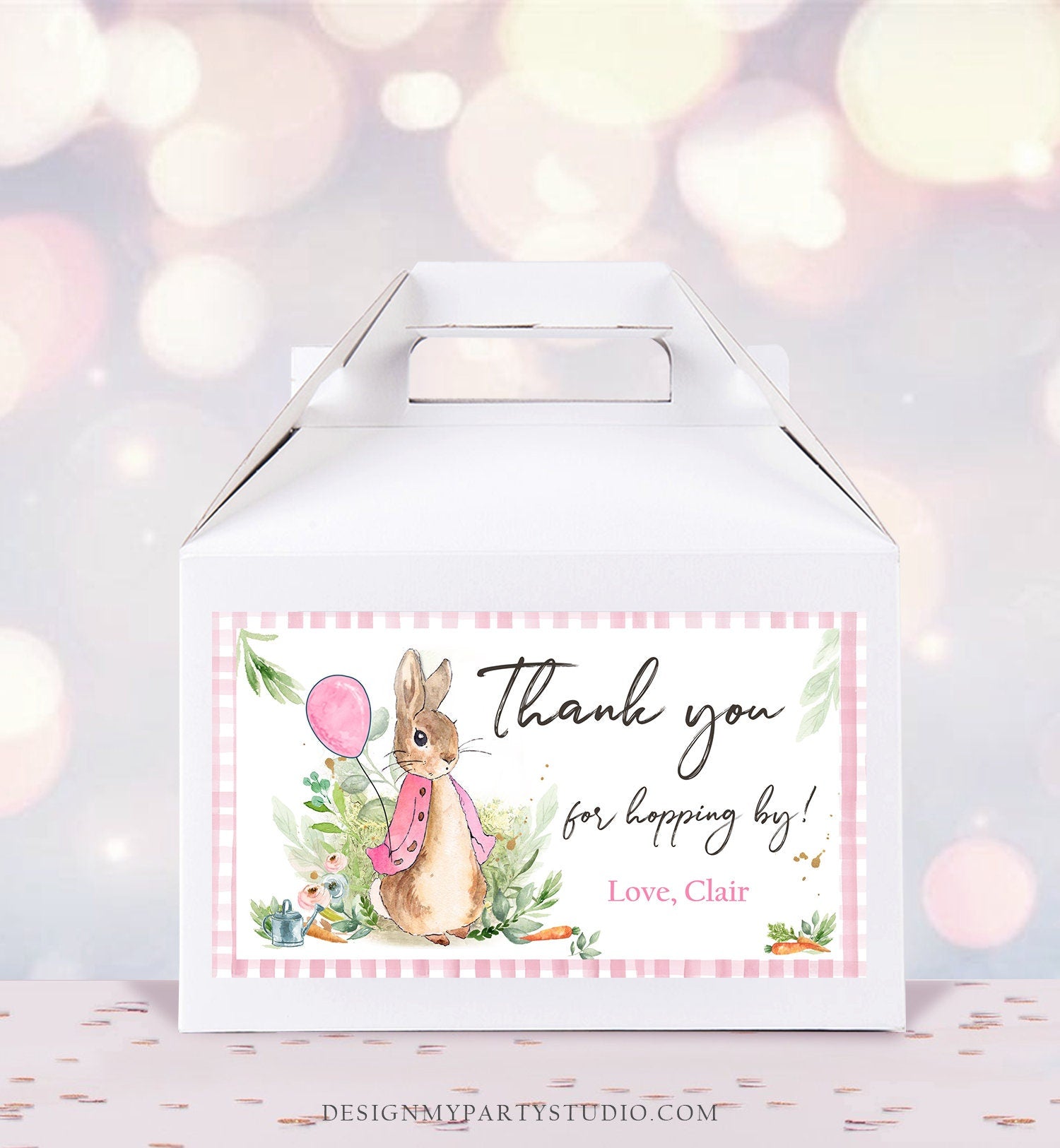 Editable Flopsy Bunny Gable Gift Box Label Bunny Favors Peter Rabbit Birthday Thank You Hopping By Pink Girl Download Printable Corjl 0351