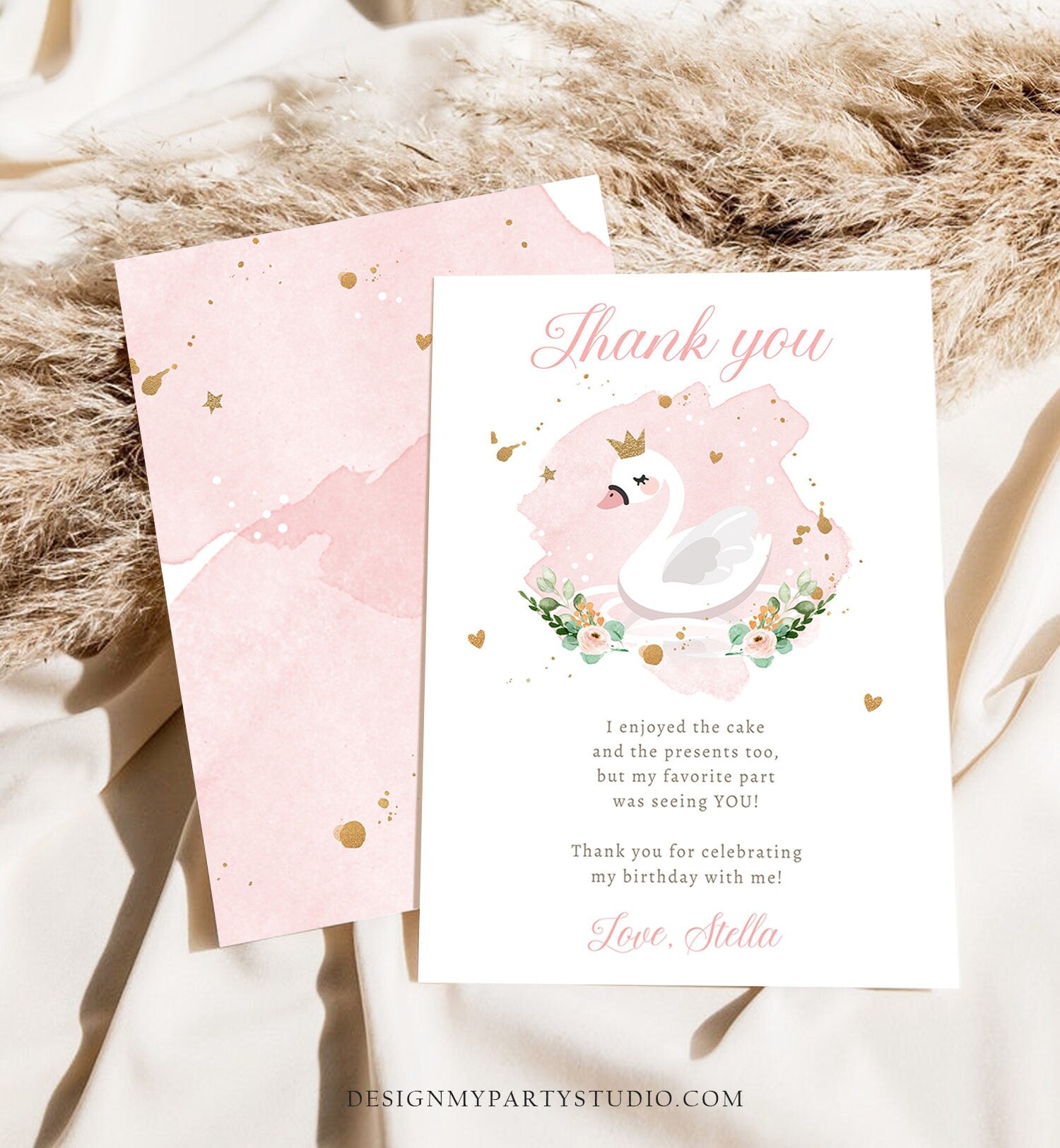 Editable Swan Thank You Card Birthday Party Pink Gold Watercolor Girl Princess 1st 2nd 3rd Baby Shower Digital Corjl Template Printable 0382