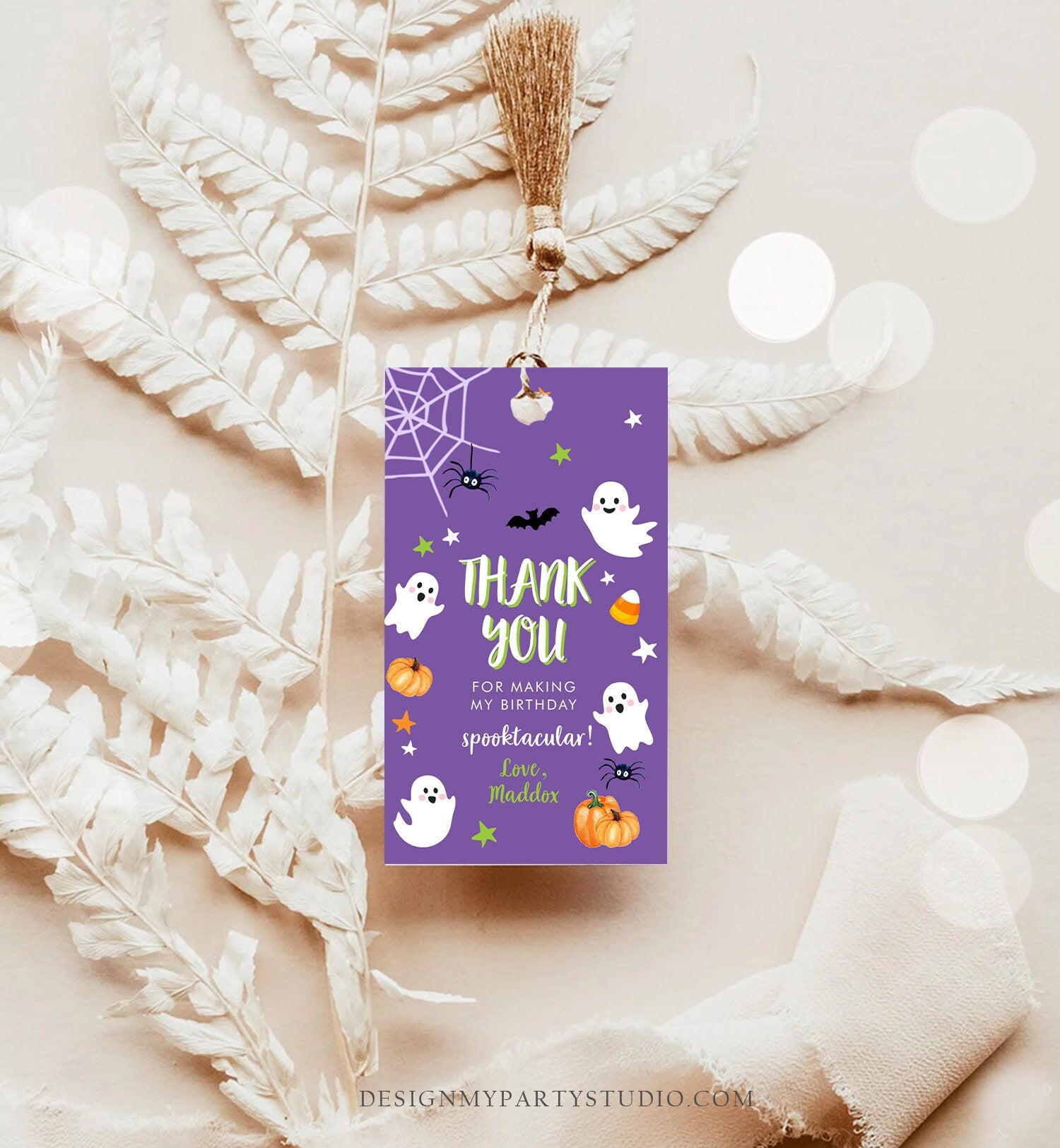 Editable Halloween Birthday Thank You Favor Tags Costume Party Purple Green Spooktacular Ghost Party Download Printable Template Corjl 0418