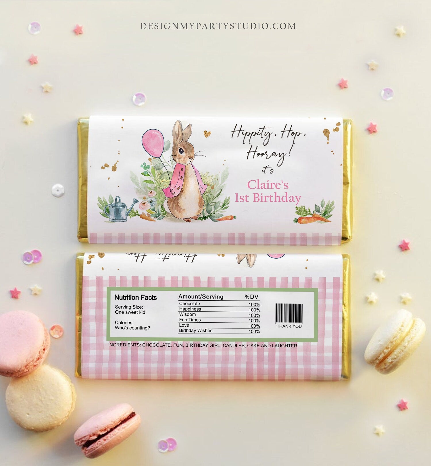 Editable Flopsy Bunny Chocolate Bar Labels Candy Bar Wrapper Peter Rabbit Birthday Girl Pink Rustic Download Corjl Template Printable 0351