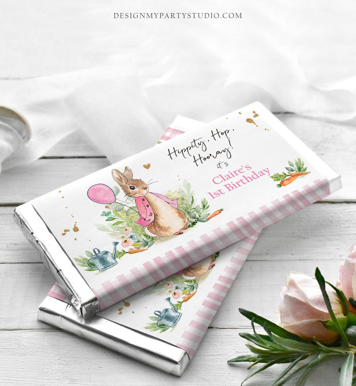 Editable Flopsy Bunny Chocolate Bar Labels Candy Bar Wrapper Peter Rabbit Birthday Girl Pink Rustic Download Corjl Template Printable 0351