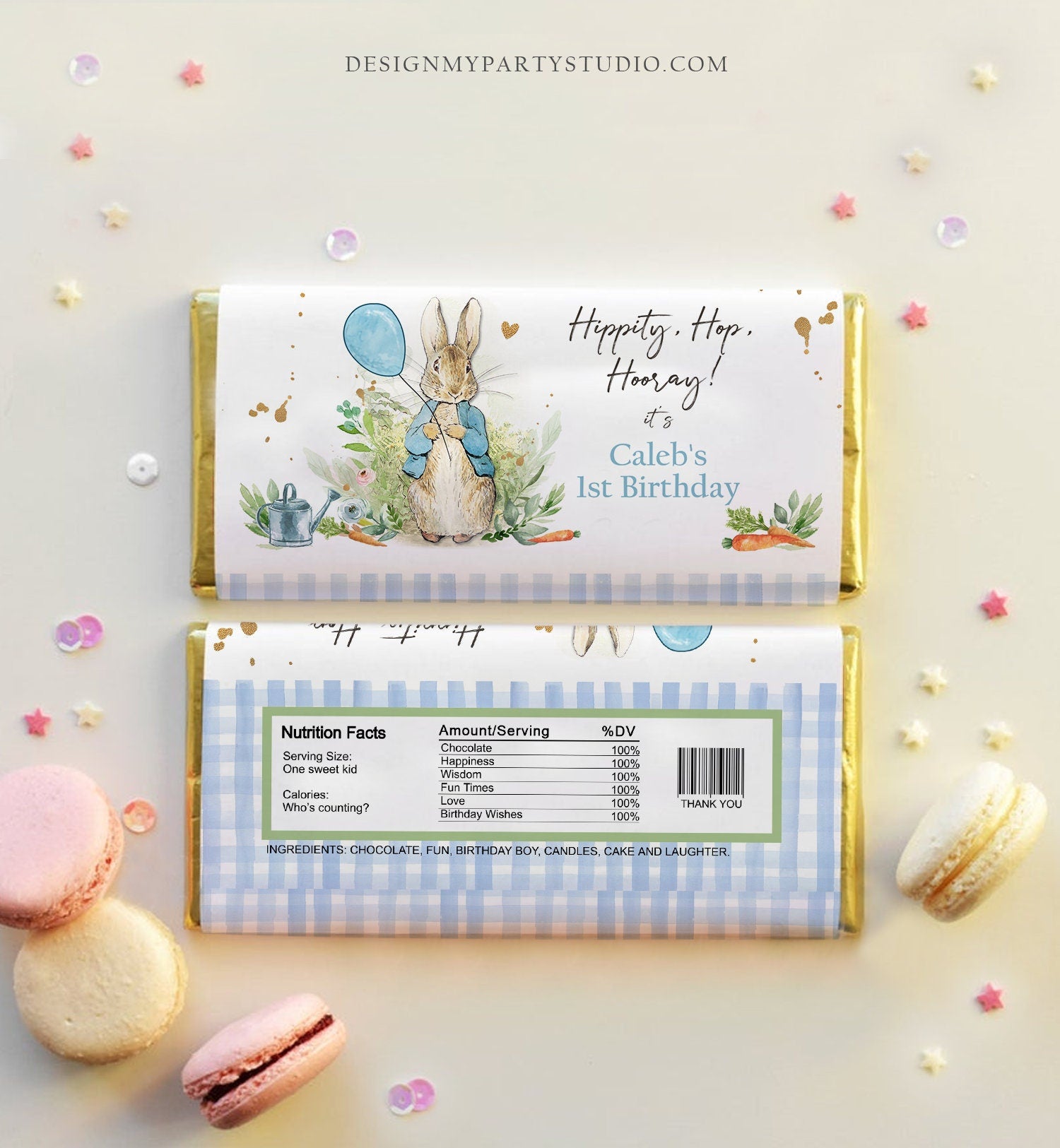 Editable Peter Rabbit Chocolate Bar Labels Candy Bar Wrapper Bunny Rabbit Birthday Boy Blue Rustic Download Corjl Template Printable 0351