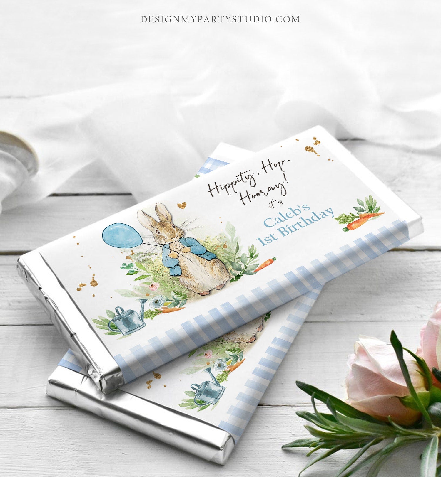 Editable Peter Rabbit Chocolate Bar Labels Candy Bar Wrapper Bunny Rabbit Birthday Boy Blue Rustic Download Corjl Template Printable 0351