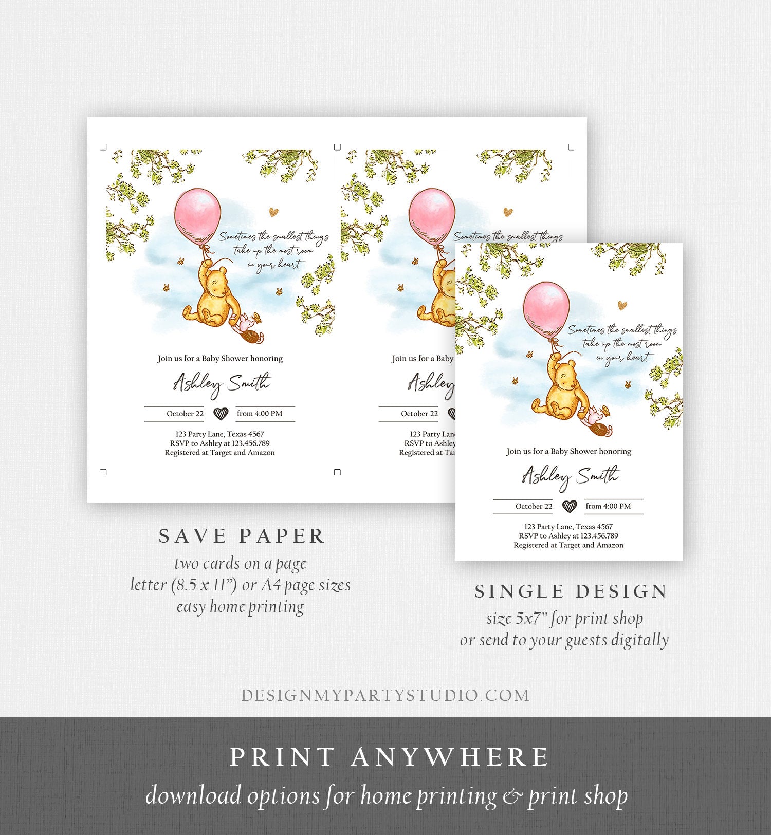 Editable Winnie The Pooh Baby Shower Invitation Girl Pink Rustic Classic Winnie The Pooh Sprinkle Digital Corjl Template Printable 0425