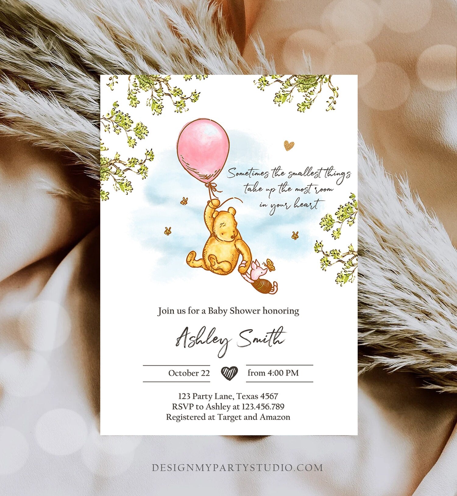 Editable Winnie The Pooh Baby Shower Invitation Girl Pink Rustic Classic Winnie The Pooh Sprinkle Digital Corjl Template Printable 0425