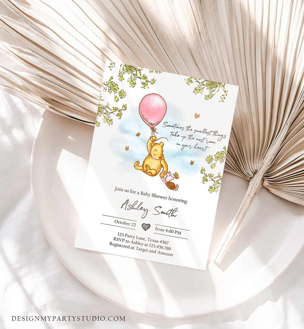 Editable Winnie The Pooh Baby Shower Invitation Girl Pink Rustic Classic Winnie The Pooh Sprinkle Digital Corjl Template Printable 0425