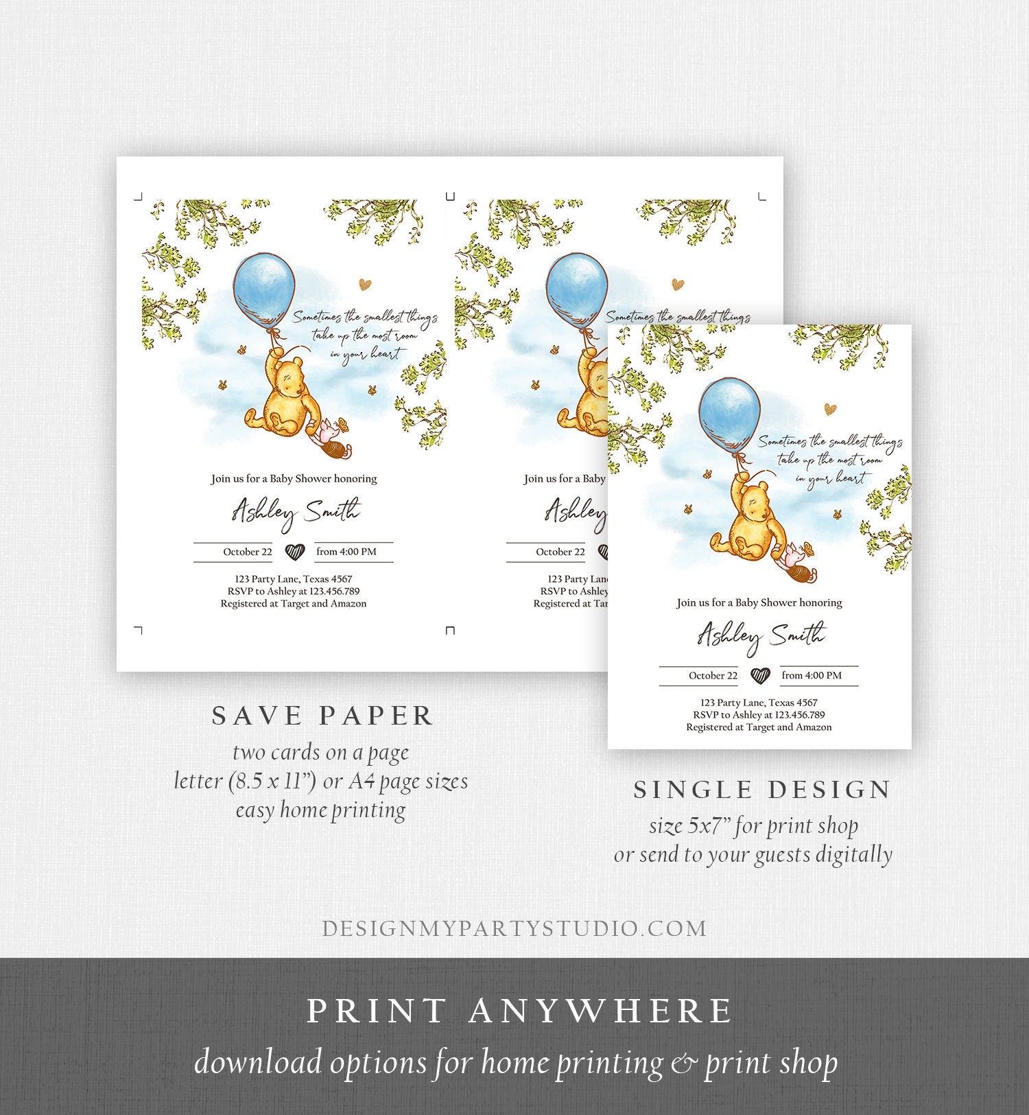 Editable Winnie The Pooh Baby Shower Invitation Boy Blue Rustic Classic Winnie The Pooh Sprinkle Digital Corjl Template Printable 0425