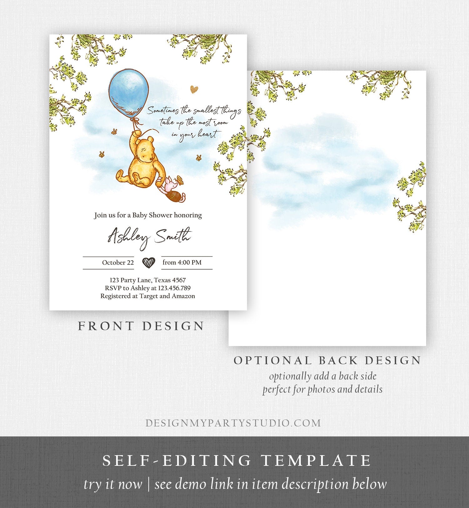 Editable Winnie The Pooh Baby Shower Invitation Boy Blue Rustic Classic Winnie The Pooh Sprinkle Digital Corjl Template Printable 0425