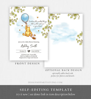 Editable Winnie The Pooh Baby Shower Invitation Boy Blue Rustic Classic Winnie The Pooh Sprinkle Digital Corjl Template Printable 0425