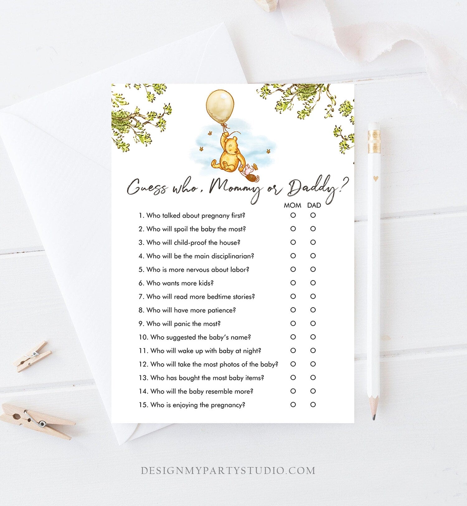 Editable Mommy or Daddy Baby Shower Game Guess Who Mom Dad Winnie The Pooh Baby Shower Gender Neutral Rustic Corjl Template Printable 0425