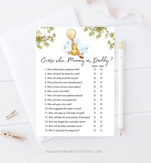 Editable Mommy or Daddy Baby Shower Game Guess Who Mom Dad Winnie The Pooh Baby Shower Gender Neutral Rustic Corjl Template Printable 0425