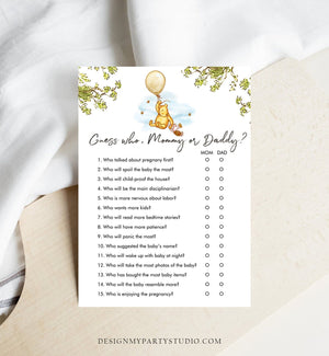 Editable Mommy or Daddy Baby Shower Game Guess Who Mom Dad Winnie The Pooh Baby Shower Gender Neutral Rustic Corjl Template Printable 0425