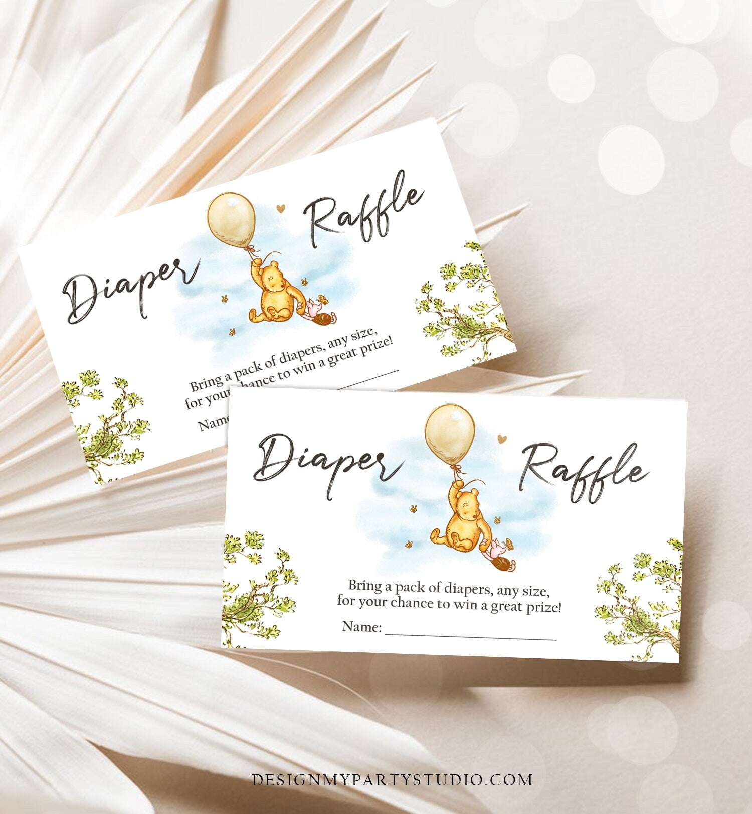 Editable Diaper Raffle Ticket Winnie The Pooh Diaper Game Card Classic Pooh Baby Shower Insert Rustic Download Template Corjl PRINTABLE 0425