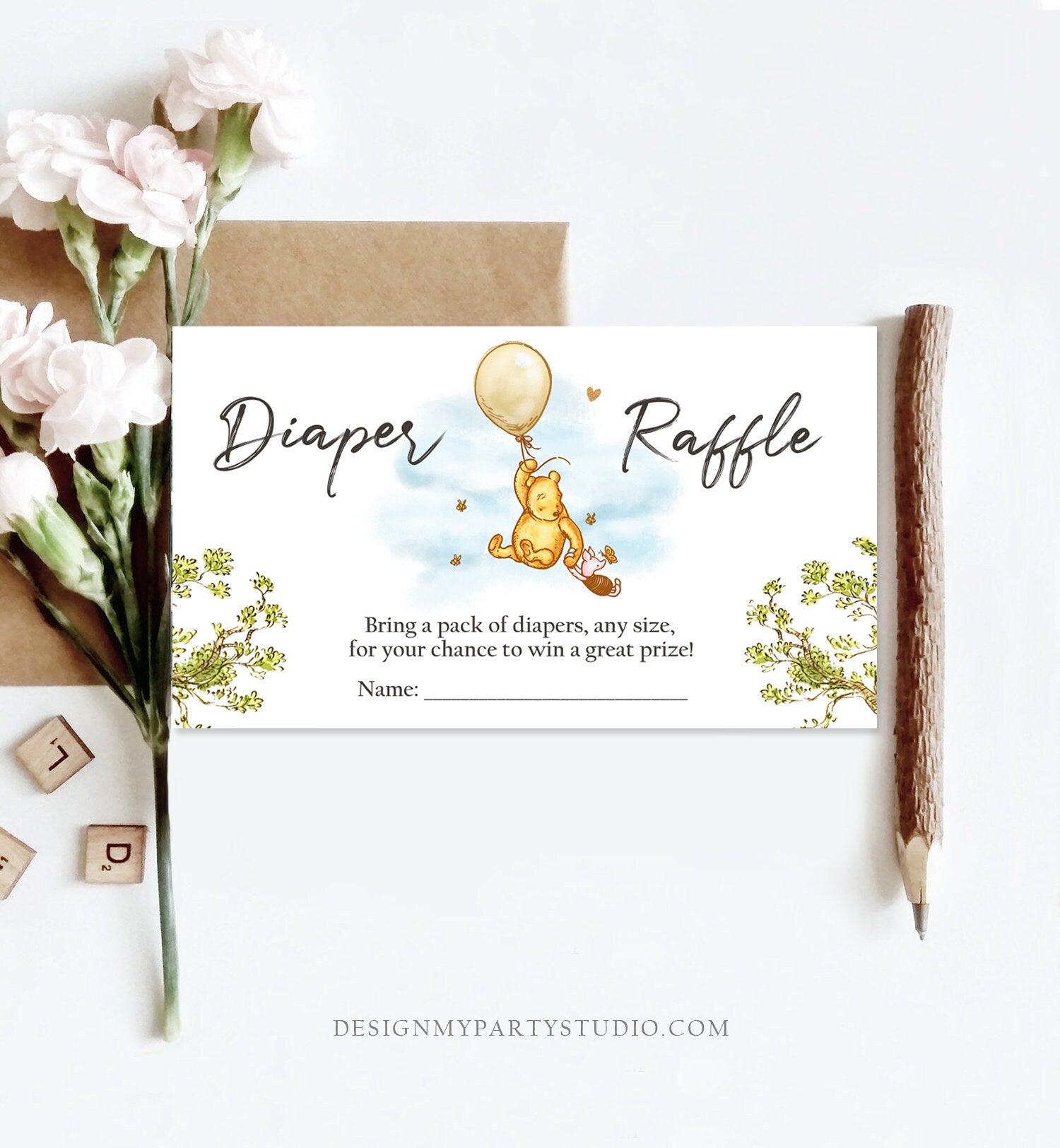 Editable Diaper Raffle Ticket Winnie The Pooh Diaper Game Card Classic Pooh Baby Shower Insert Rustic Download Template Corjl PRINTABLE 0425