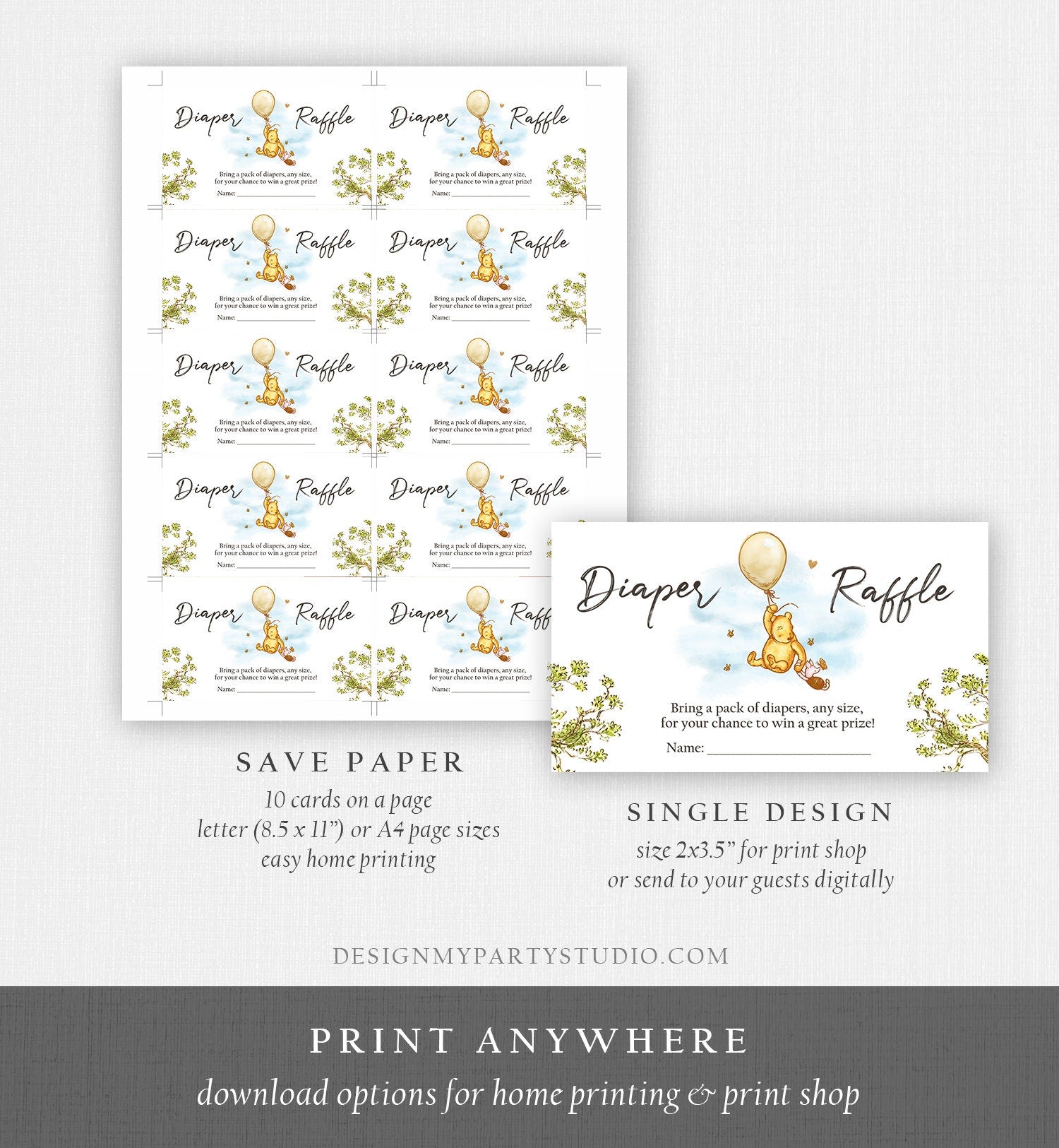 Editable Diaper Raffle Ticket Winnie The Pooh Diaper Game Card Classic Pooh Baby Shower Insert Rustic Download Template Corjl PRINTABLE 0425