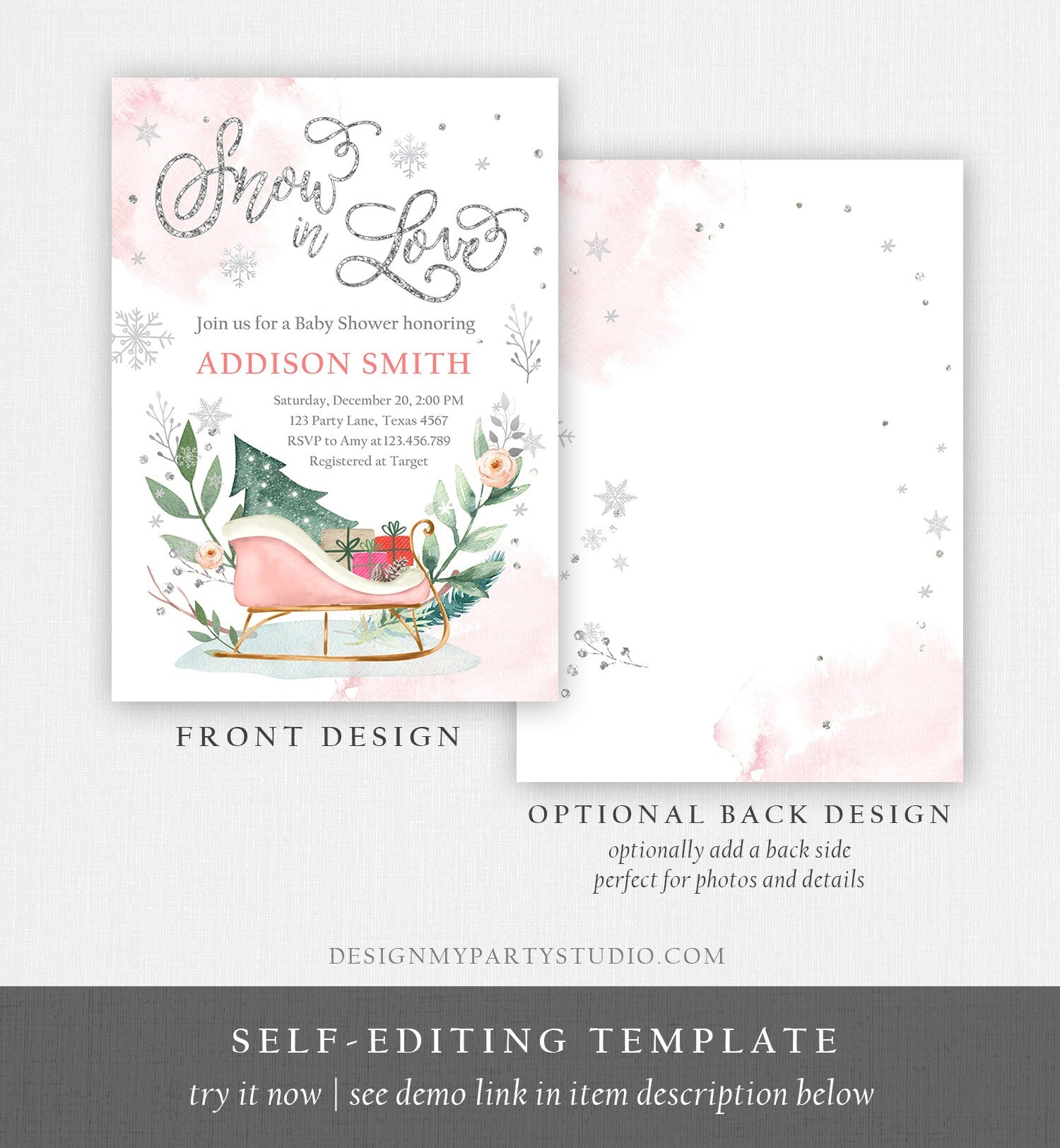 Editable Snow in Love Winter Baby Shower Invitation Baby It's Cold Outside Gender Neutral Pink Silver Template Instant Download Corjl 0353