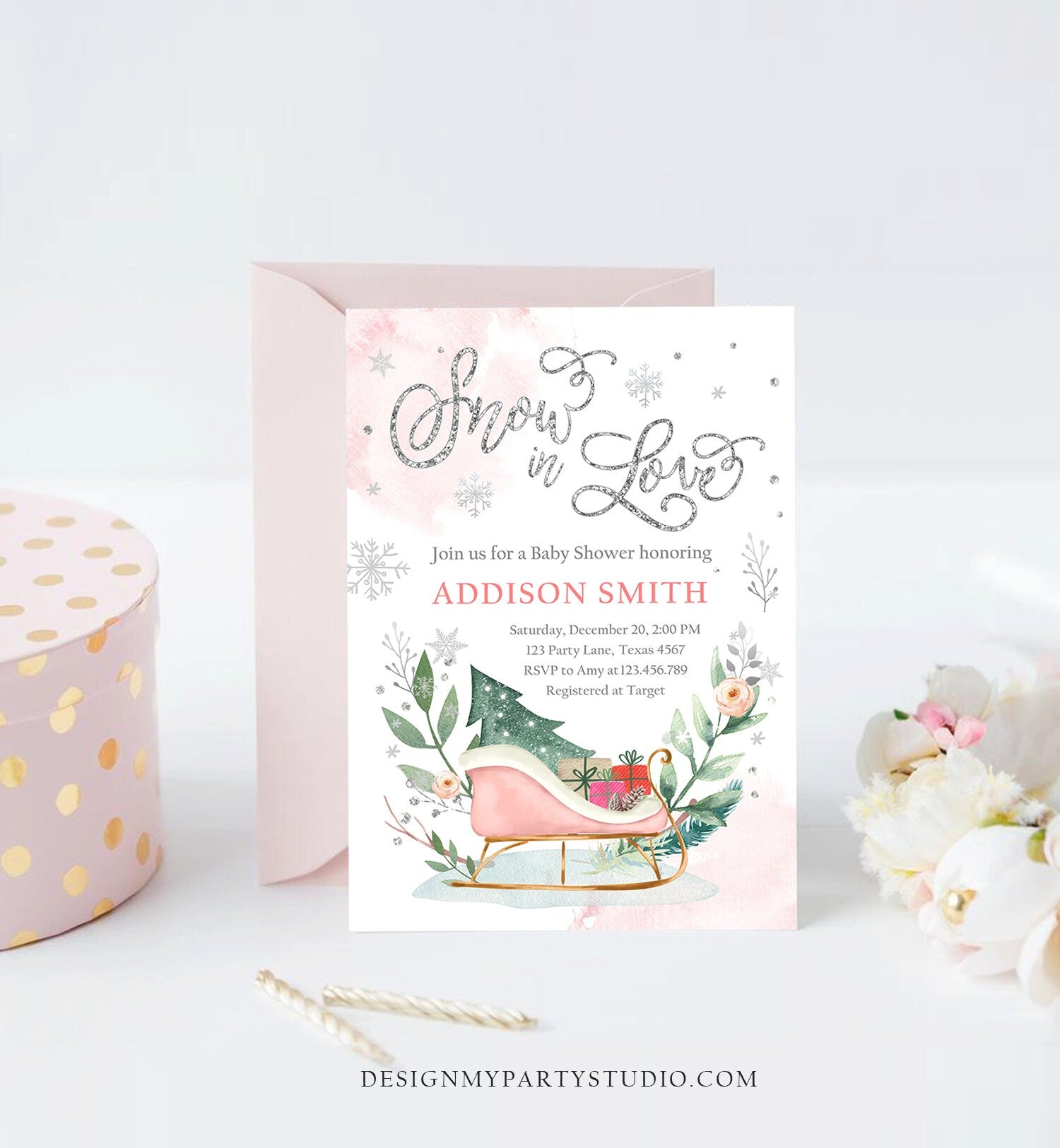 Editable Snow in Love Winter Baby Shower Invitation Baby It's Cold Outside Gender Neutral Pink Silver Template Instant Download Corjl 0353