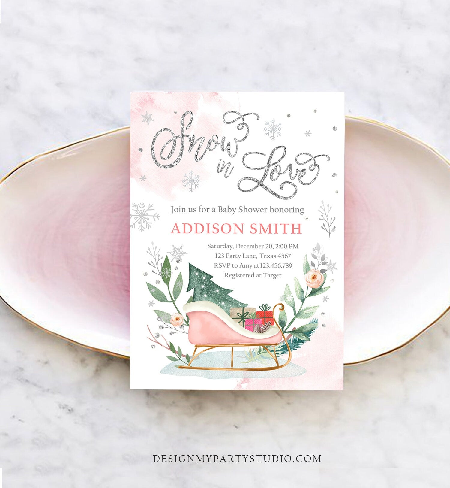 Editable Snow in Love Winter Baby Shower Invitation Baby It's Cold Outside Gender Neutral Pink Silver Template Instant Download Corjl 0353