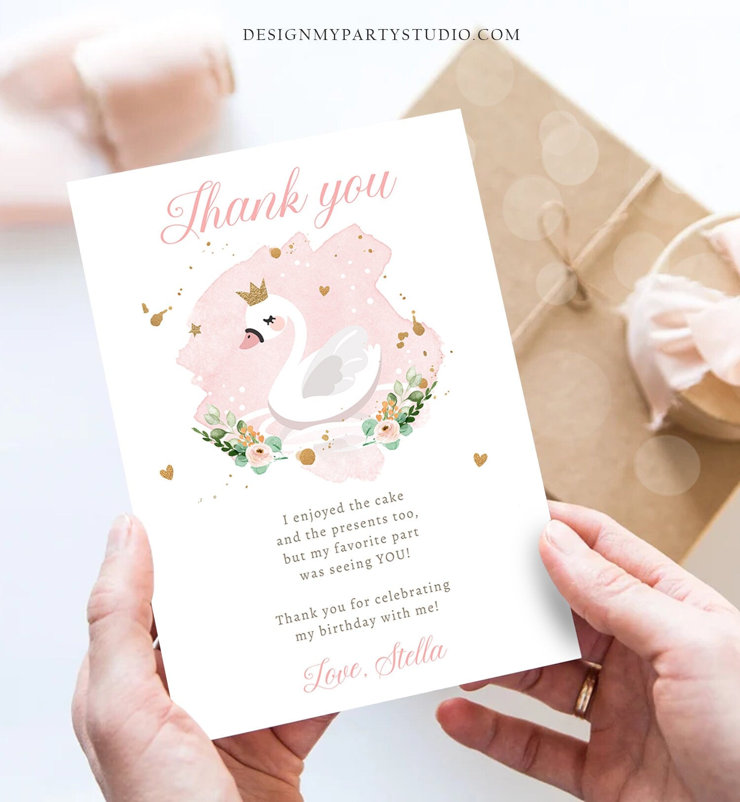 Editable Swan Thank You Card Birthday Party Pink Gold Watercolor Girl Princess 1st 2nd 3rd Baby Shower Digital Corjl Template Printable 0382