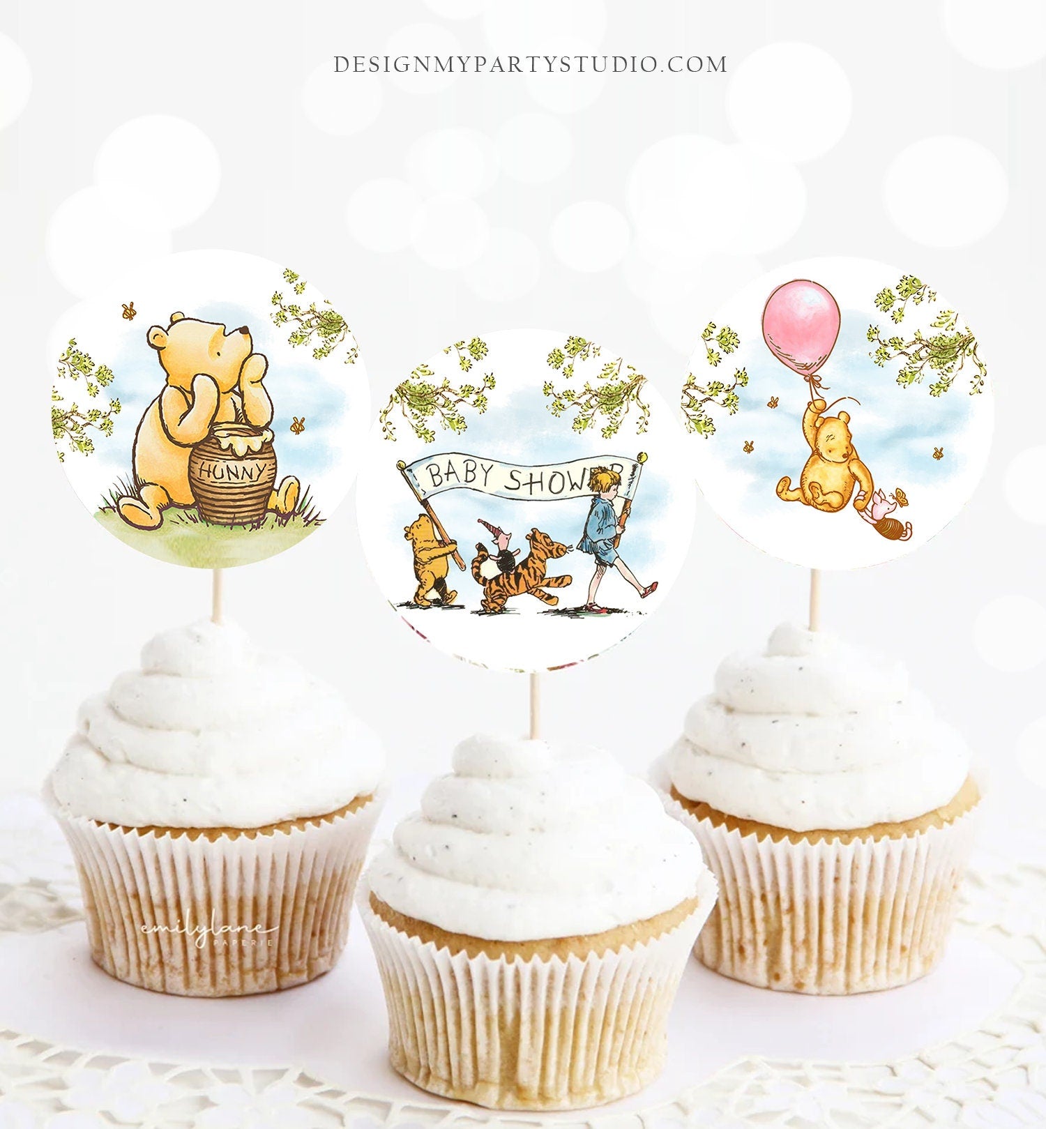 Classic Winnie The Pooh Baby Shower Cupcake Toppers Pooh Favor Tags Pooh Party Decor Pink Girl Shower Rustic Download Digital PRINTABLE 0425