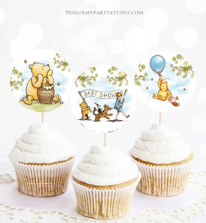 Classic Winnie The Pooh Baby Shower Cupcake Toppers Pooh Favor Tags Pooh Party Decor Blue Boy Shower Rustic Download Digital PRINTABLE 0425