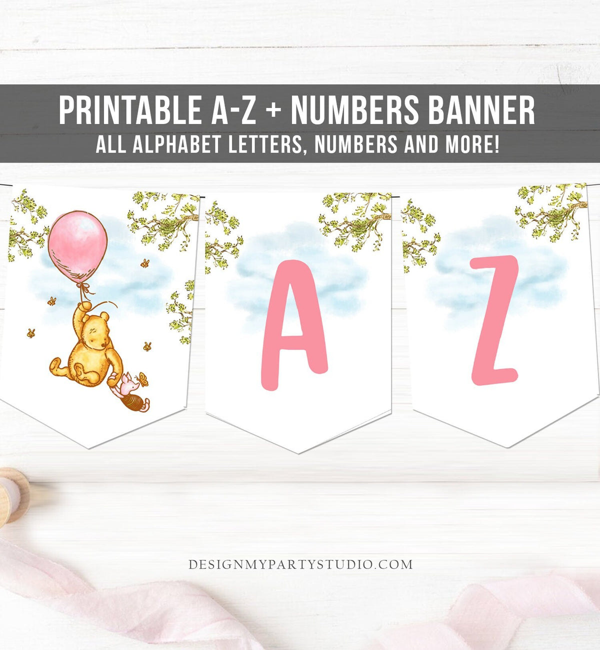 Winnie The Pooh Alphabet Banner Letters A to Z Numbers Classic Pooh Birthday Girl Pink Pooh Decor Shower Download PRINTABLE DIGITAL DIY 0425