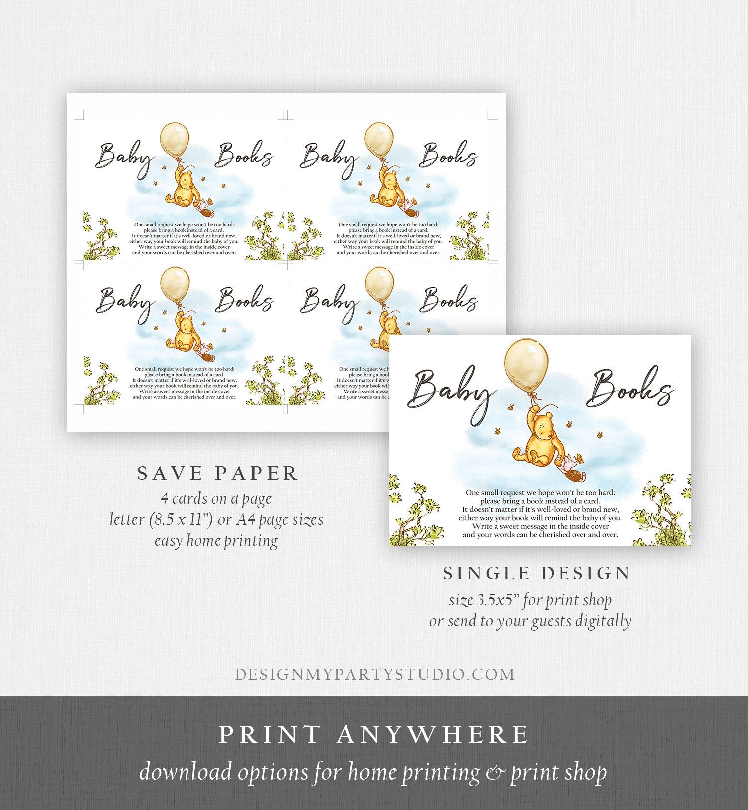 Editable Winnie The Pooh Bring a Book Card Classic Pooh Baby Shower Book Insert Books for Baby Neutral Rustic Template PRINTABLE Corjl 0425