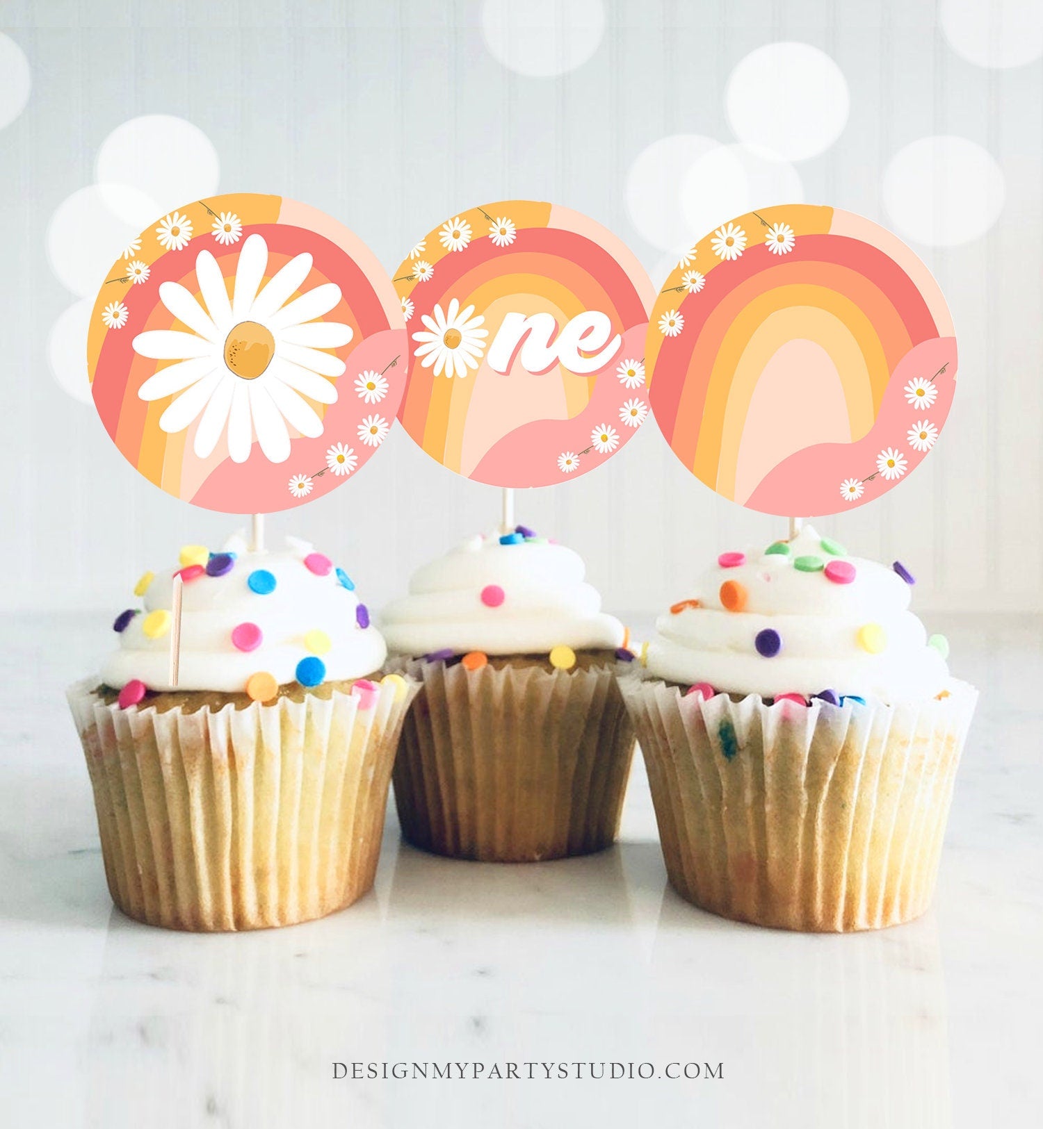 Groovy First Birthday Cupcake Toppers Favor Tags Retro Daisy Birthday Party Decor One Flower Power Festival Download Digital PRINTABLE 0428