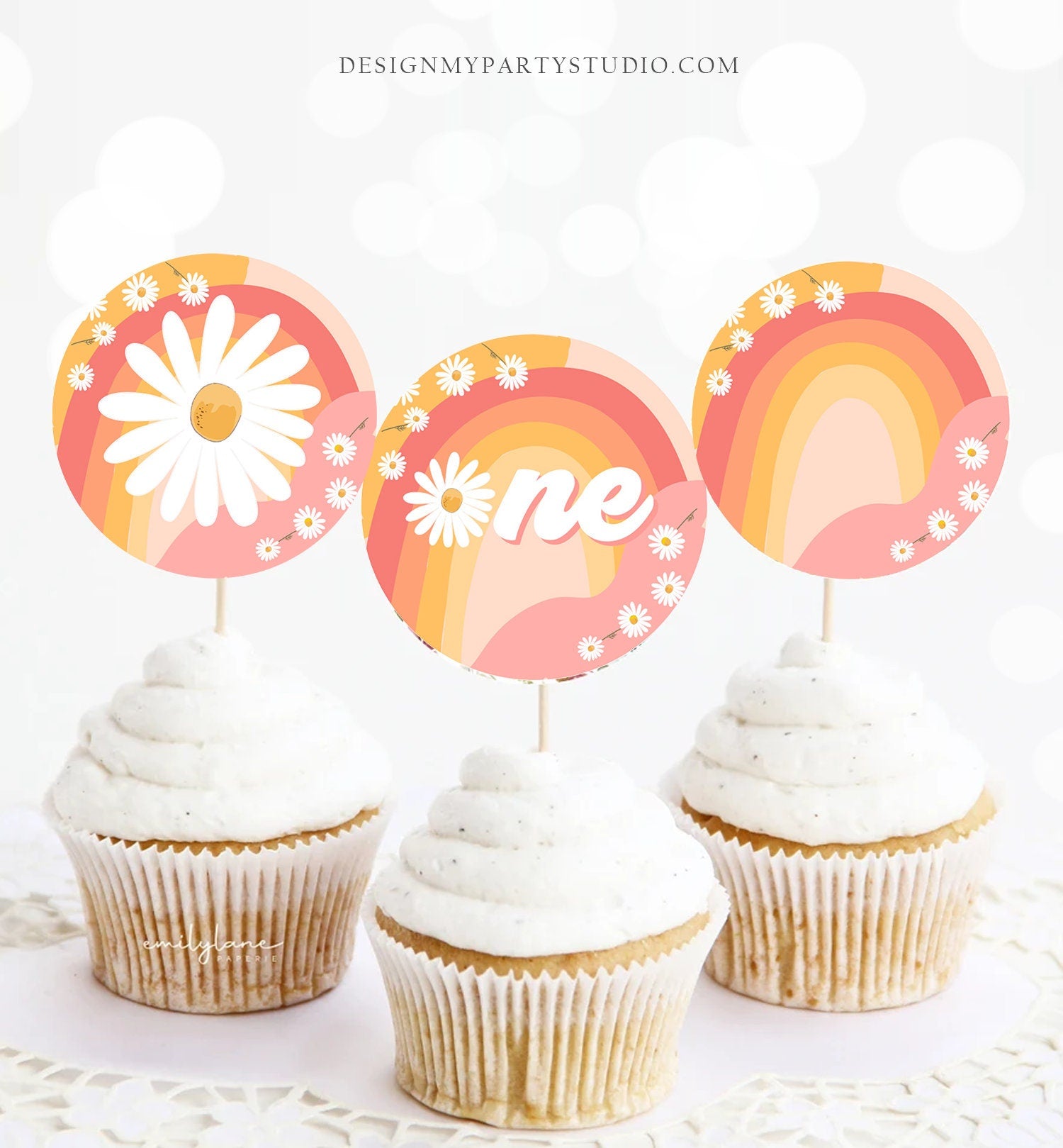 Groovy First Birthday Cupcake Toppers Favor Tags Retro Daisy Birthday Party Decor One Flower Power Festival Download Digital PRINTABLE 0428