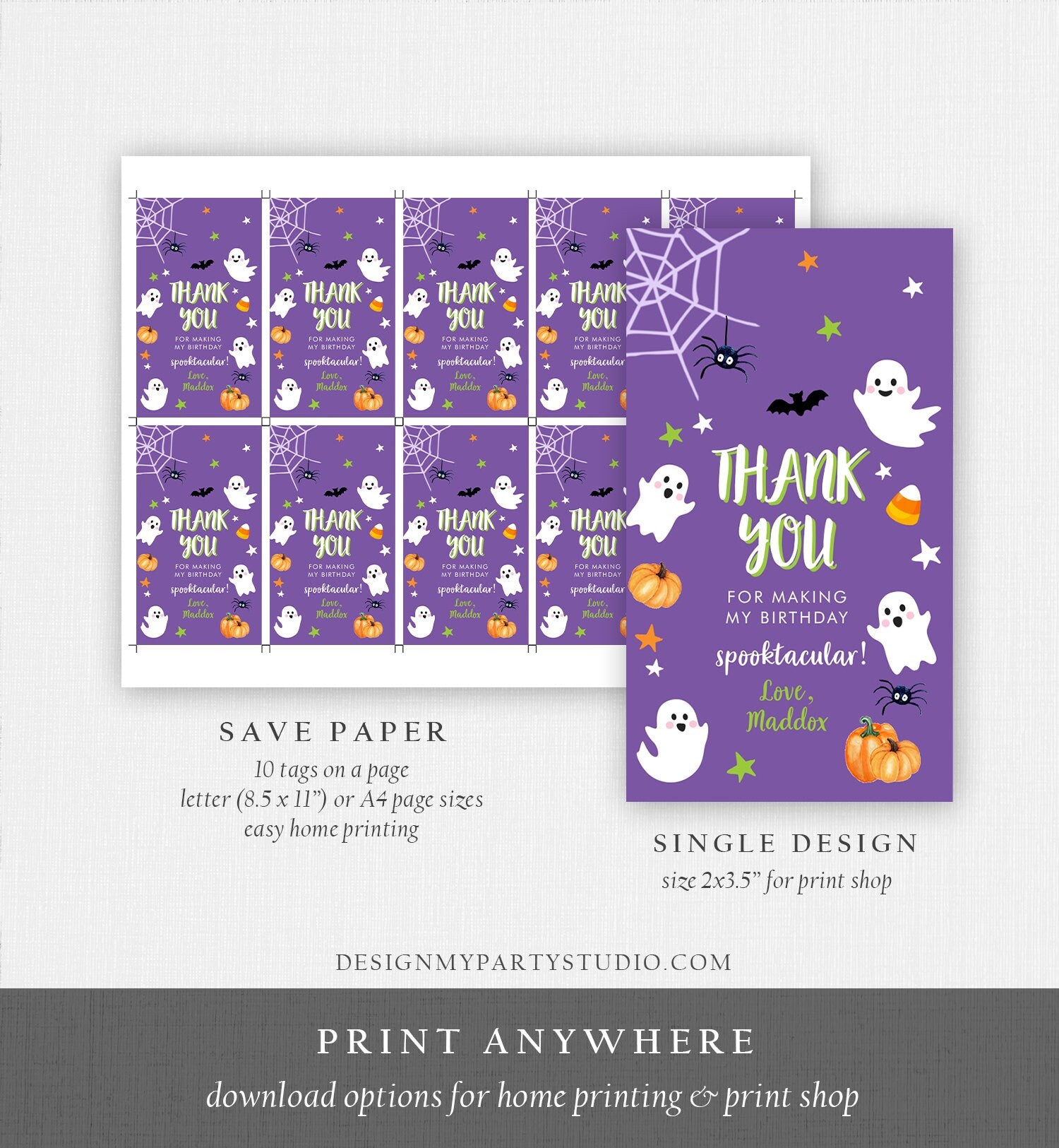 Editable Halloween Birthday Thank You Favor Tags Costume Party Purple Green Spooktacular Ghost Party Download Printable Template Corjl 0418