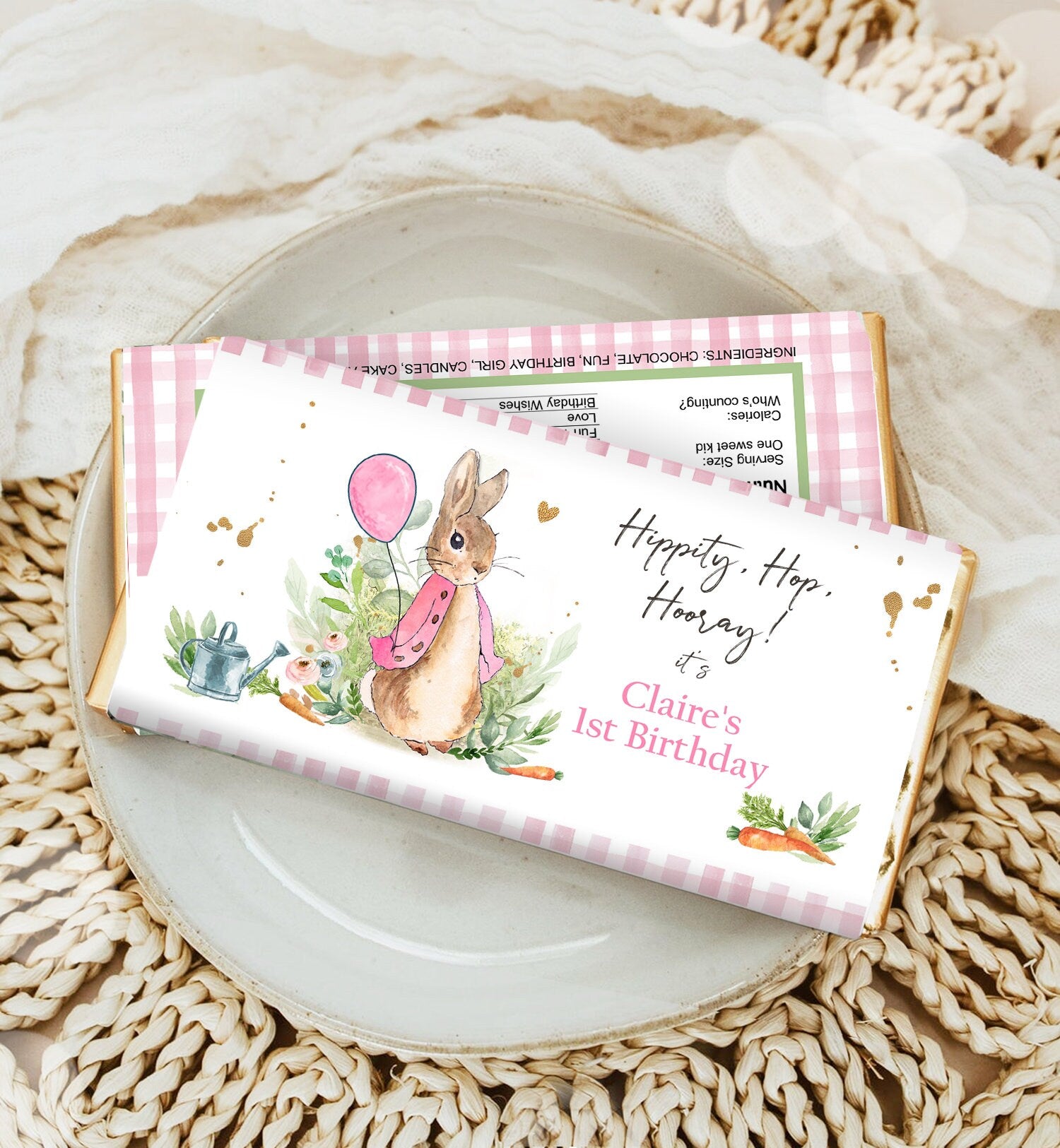 Editable Flopsy Bunny Chocolate Bar Labels Candy Bar Wrapper Peter Rabbit Birthday Girl Pink Rustic Download Corjl Template Printable 0351