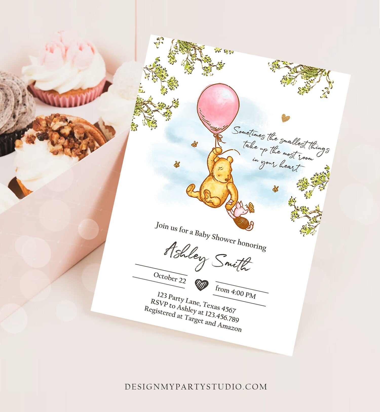 Editable Winnie The Pooh Baby Shower Invitation Girl Pink Rustic Classic Winnie The Pooh Sprinkle Digital Corjl Template Printable 0425