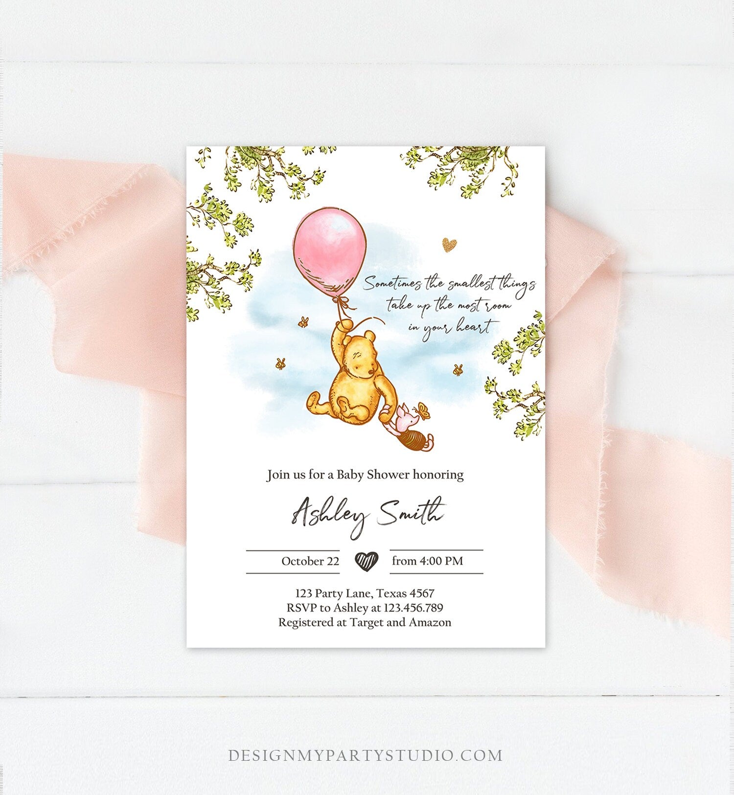 Editable Winnie The Pooh Baby Shower Invitation Girl Pink Rustic Classic Winnie The Pooh Sprinkle Digital Corjl Template Printable 0425