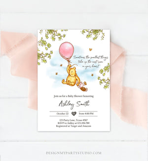 Editable Winnie The Pooh Baby Shower Invitation Girl Pink Rustic Classic Winnie The Pooh Sprinkle Digital Corjl Template Printable 0425