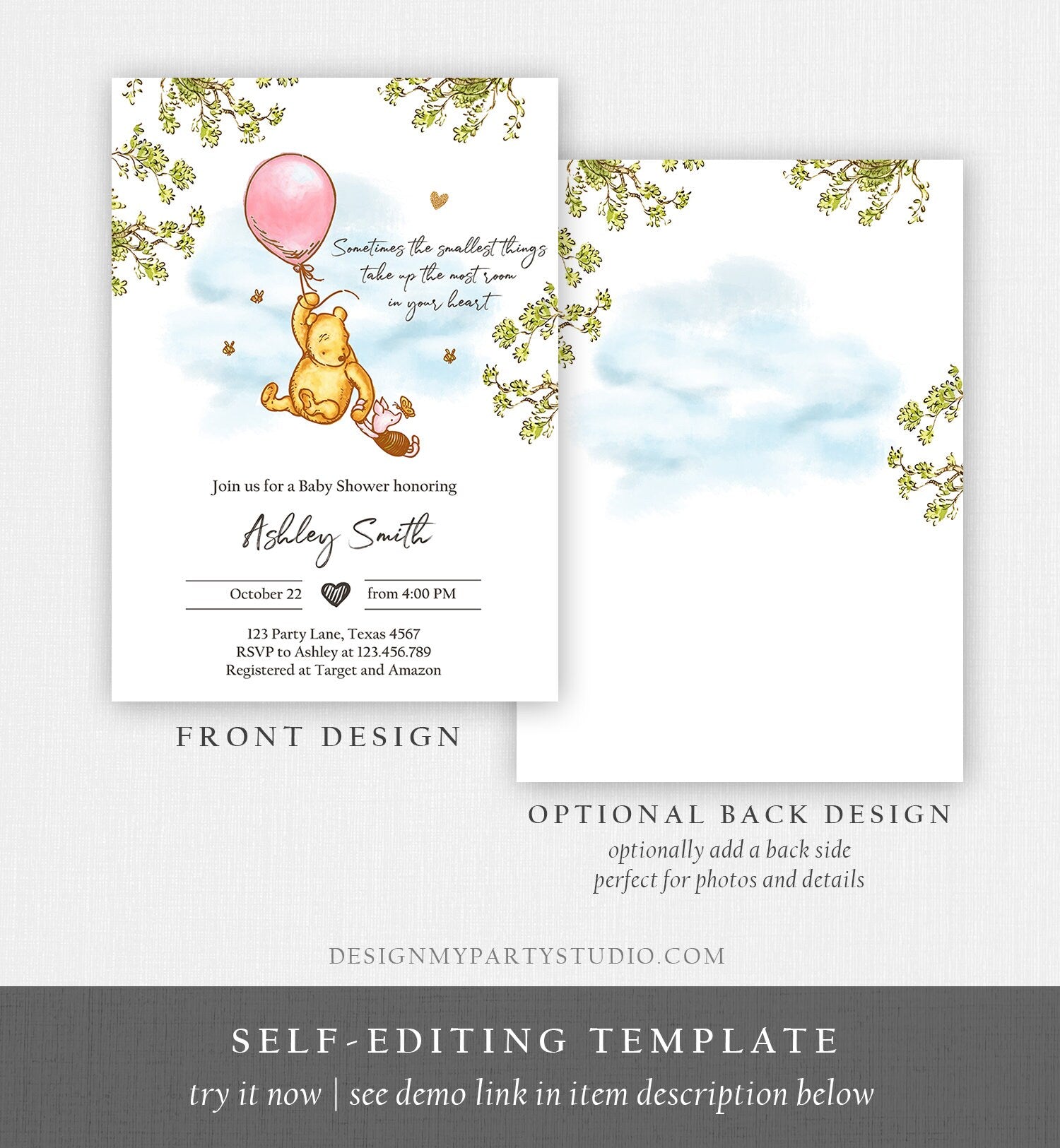 Editable Winnie The Pooh Baby Shower Invitation Girl Pink Rustic Classic Winnie The Pooh Sprinkle Digital Corjl Template Printable 0425