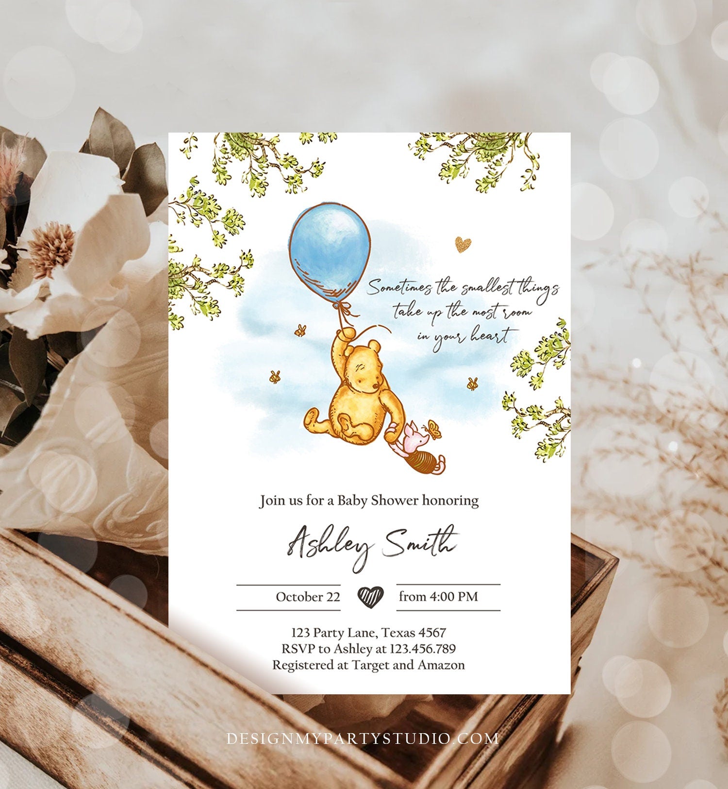 Editable Winnie The Pooh Baby Shower Invitation Boy Blue Rustic Classic Winnie The Pooh Sprinkle Digital Corjl Template Printable 0425