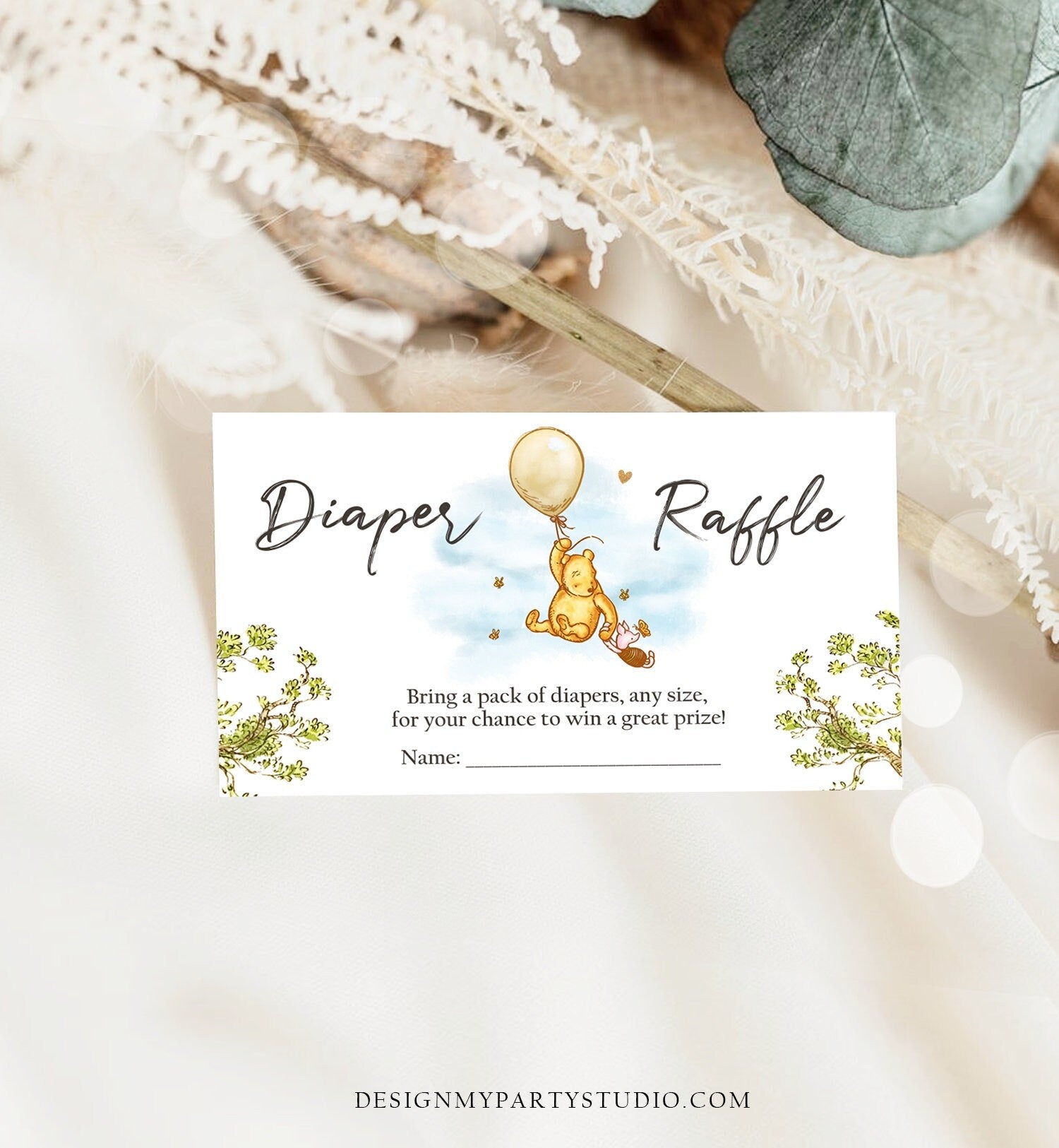 Editable Diaper Raffle Ticket Winnie The Pooh Diaper Game Card Classic Pooh Baby Shower Insert Rustic Download Template Corjl PRINTABLE 0425