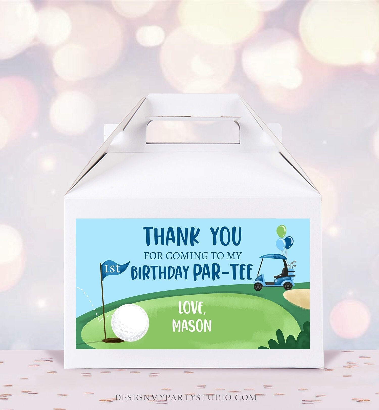 Editable Hole in One Birthday Party Gable Box Favor Label Golf Gift Box Labels Par-tee Boy Golfing 1st Blue Download Printable Corjl 0405