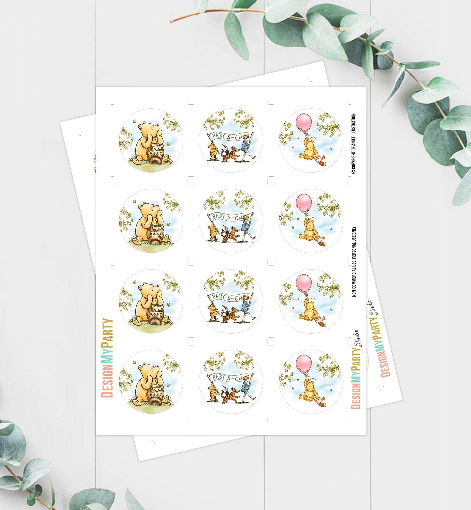 Classic Winnie The Pooh Baby Shower Cupcake Toppers Pooh Favor Tags Pooh Party Decor Pink Girl Shower Rustic Download Digital PRINTABLE 0425