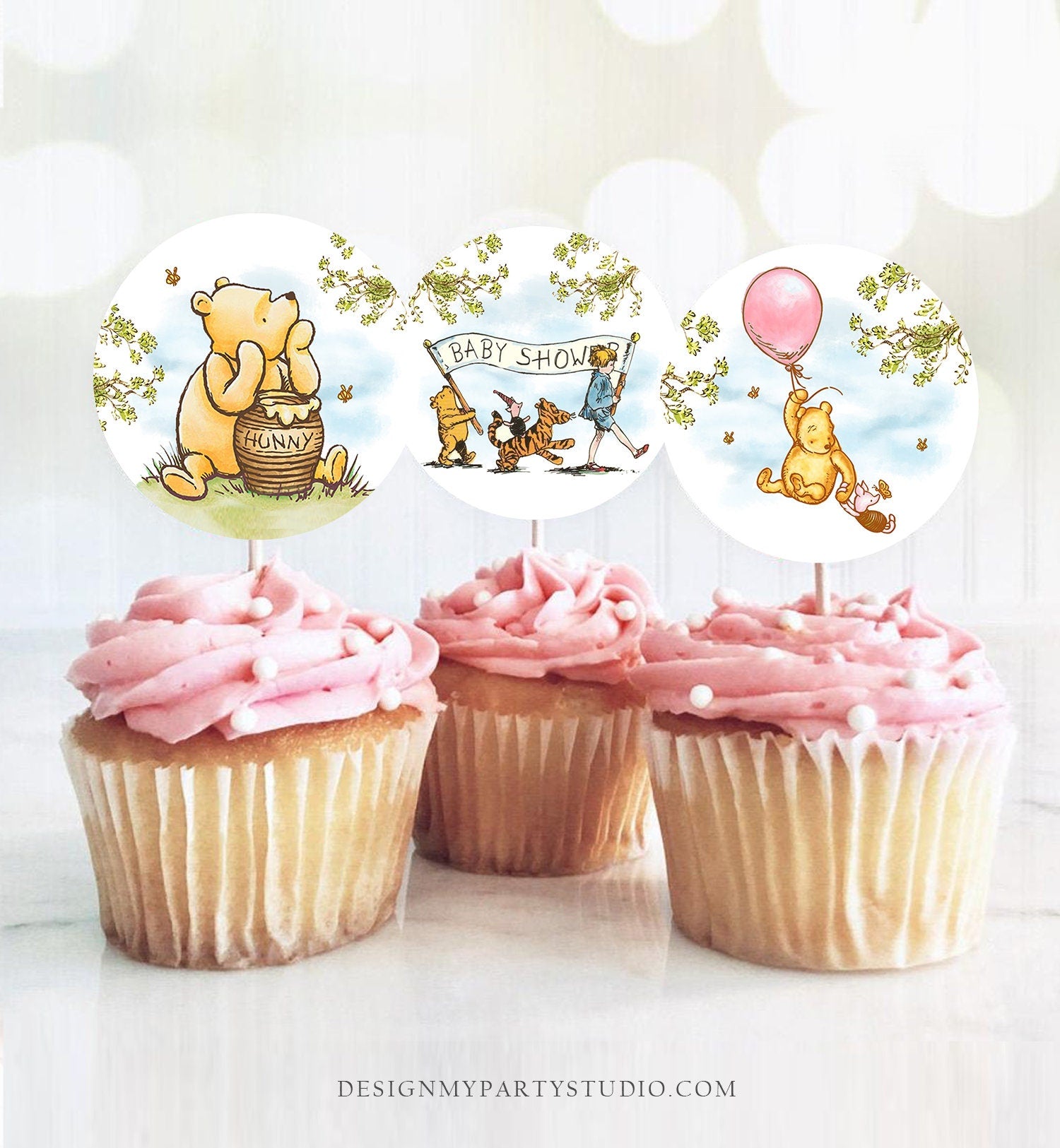 Classic Winnie The Pooh Baby Shower Cupcake Toppers Pooh Favor Tags Pooh Party Decor Pink Girl Shower Rustic Download Digital PRINTABLE 0425