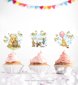 Classic Winnie The Pooh Baby Shower Cupcake Toppers Pooh Favor Tags Pooh Party Decor Pink Girl Shower Rustic Download Digital PRINTABLE 0425