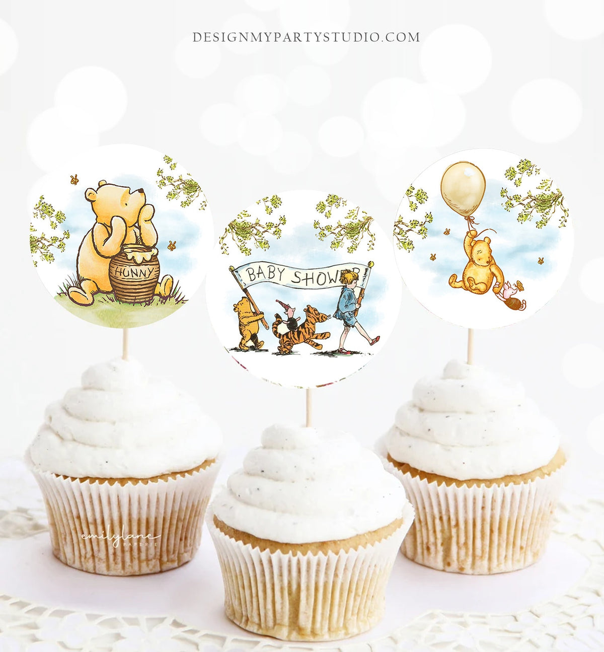 Classic Winnie The Pooh Baby Shower Cupcake Toppers Pooh Favor Tags Pooh Party Decor Gender Neutral Rustic Download Digital PRINTABLE 0425