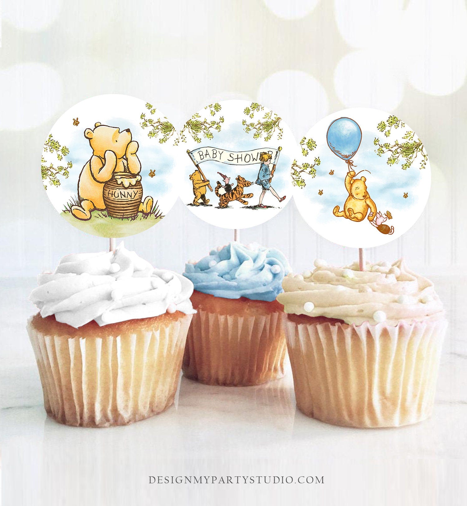 Classic Winnie The Pooh Baby Shower Cupcake Toppers Pooh Favor Tags Pooh Party Decor Blue Boy Shower Rustic Download Digital PRINTABLE 0425