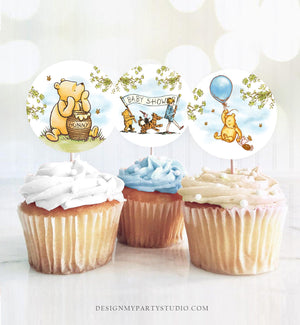 Classic Winnie The Pooh Baby Shower Cupcake Toppers Pooh Favor Tags Pooh Party Decor Blue Boy Shower Rustic Download Digital PRINTABLE 0425