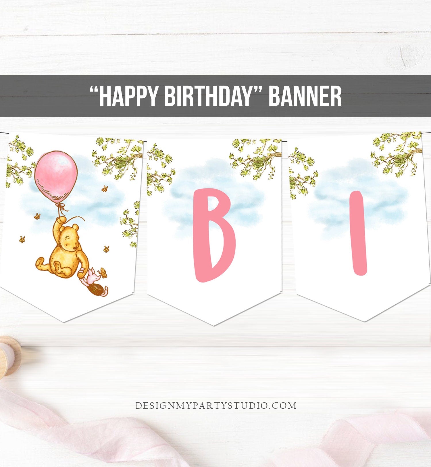 Happy Birthday Banner Winnie The Pooh Birthday Banner Girl Pooh Party Decor Pink Classic Flags Instant download PRINTABLE DIGITAL DIY 0425