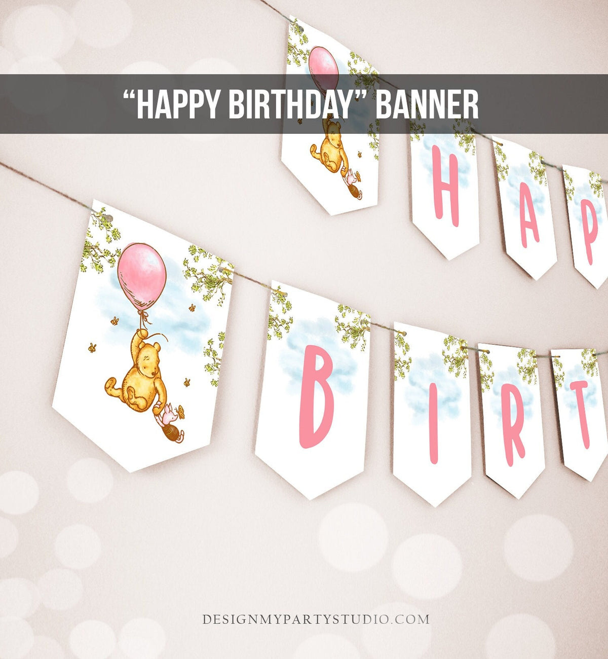 Happy Birthday Banner Winnie The Pooh Birthday Banner Girl Pooh Party Decor Pink Classic Flags Instant download PRINTABLE DIGITAL DIY 0425