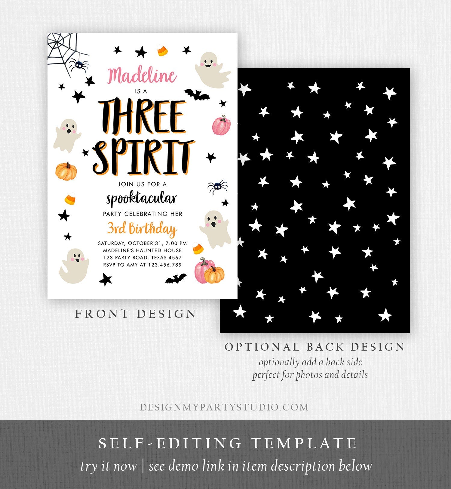 Editable Halloween Birthday Invitation Pink Ghost Three Spirit 3rd Birthday Party Spooktacular Spooky Download Printable Template Corjl 0418